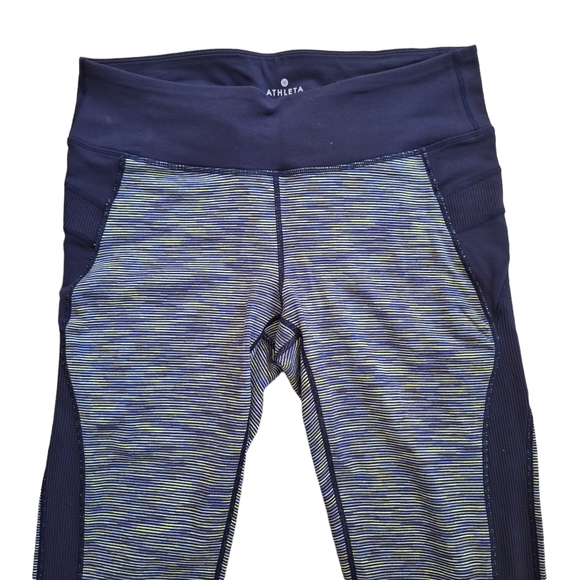 Athleta Prisma Tangram Navy Blue Striped Athletic Athleisure Capri Leggings szM - Picture 2 of 6